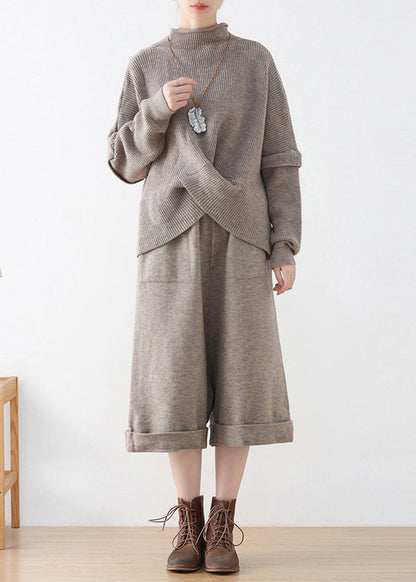 Khaki Turtleneck Knit Sweaters and Crop Pants Two Pieces Set Fall