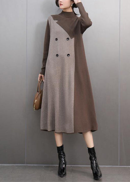Khaki Turtleneck Patchwork Cotton Knit Sweaters Dress Winter