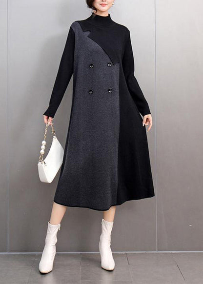Khaki Turtleneck Patchwork Cotton Knit Sweaters Dress Winter