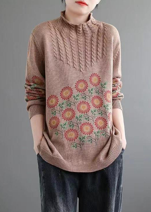 Khaki Turtleneck Print Patchwork Knitted Cotton Sweaters Fall