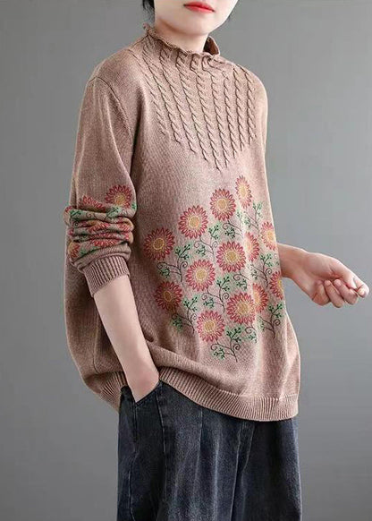 Khaki Turtleneck Print Patchwork Knitted Cotton Sweaters Fall