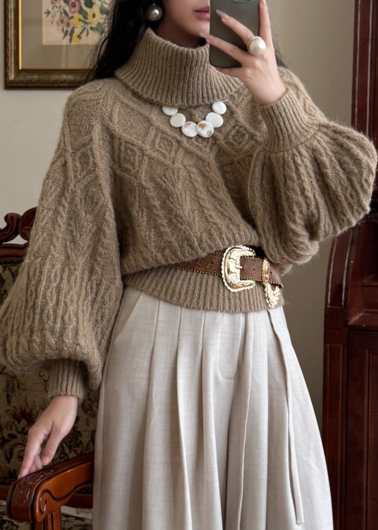 Khaki Turtleneck Thick Cable Cotton Knit Sweaters Puff Sleeve