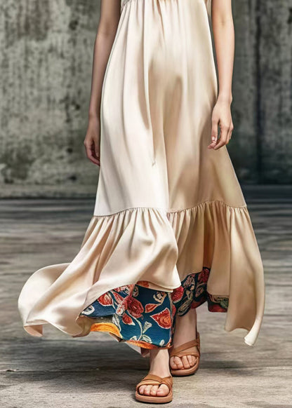 Khaki V Neck Patchwork Draping Silk Long Dress Summer