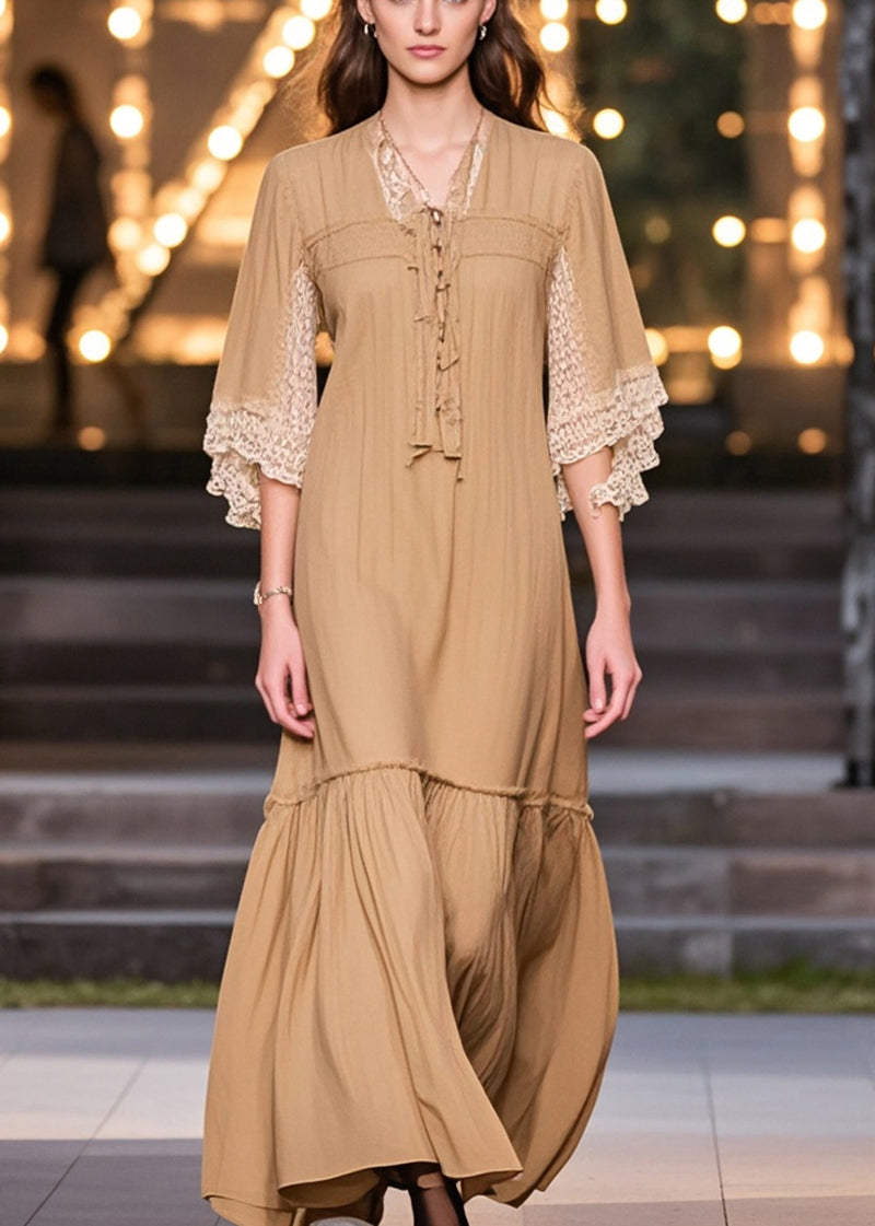 Khaki V Neck Patchwork Lace Cotton Robe Dress Summer