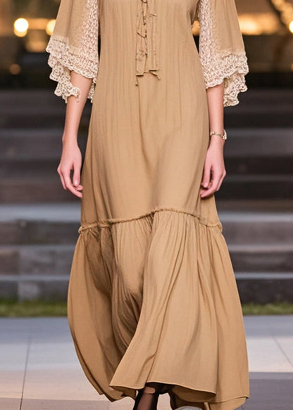 Khaki V Neck Patchwork Lace Cotton Robe Dress Summer