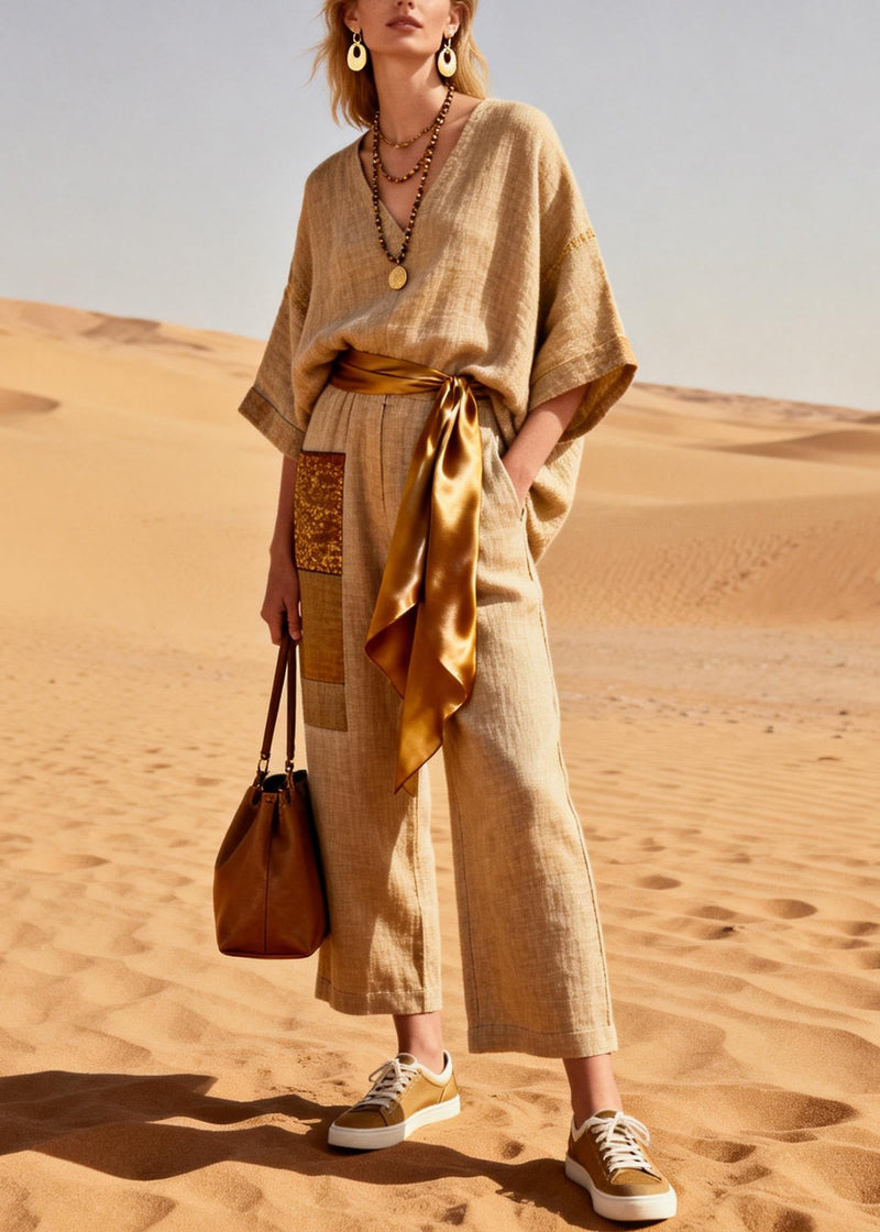 Khaki V Neck Pockets Tie Waist Patchwork Linen Jumpsuit Summer