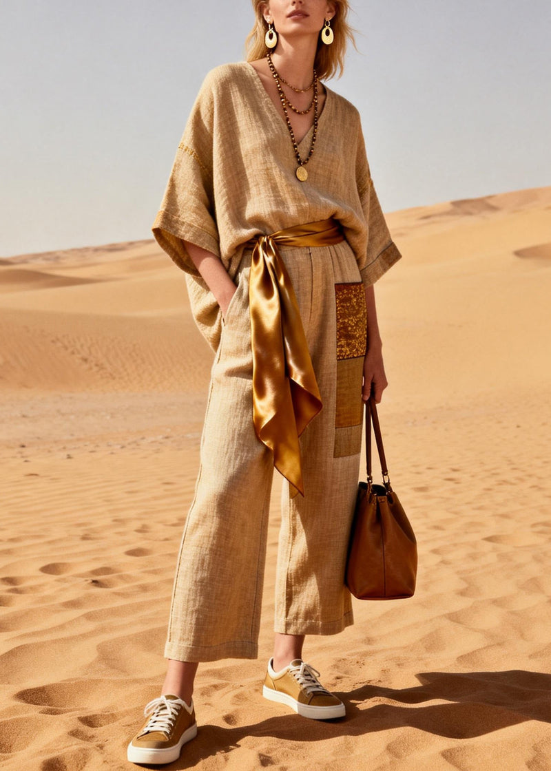 Khaki V Neck Pockets Tie Waist Patchwork Linen Jumpsuit Summer
