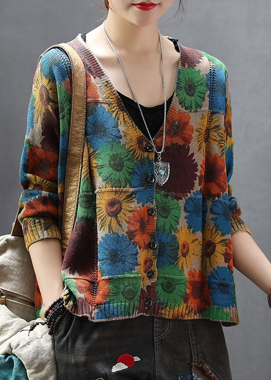 Khaki V Neck Print Knit Cardigan Spring