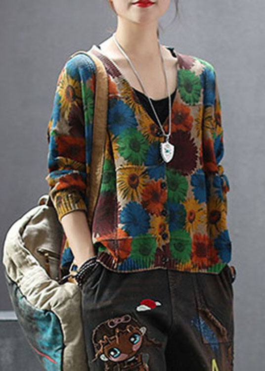Khaki V Neck Print Knit Cardigan Spring