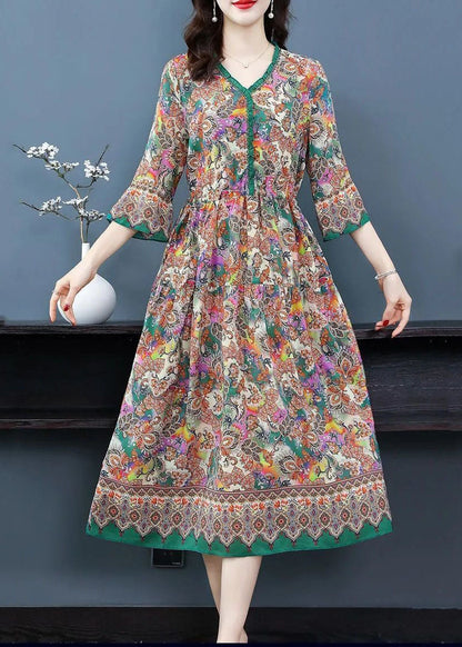 Khaki V Neck Ruffled Print Silk Robe Dresses Half Sleeve