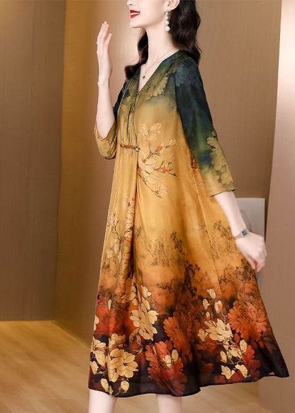 Khaki V Neck Tie Dye Print Silk Maxi Dresses Half Sleeve