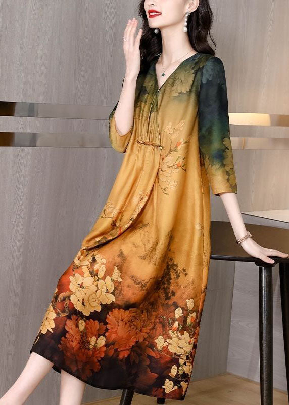 Khaki V Neck Tie Dye Print Silk Maxi Dresses Half Sleeve