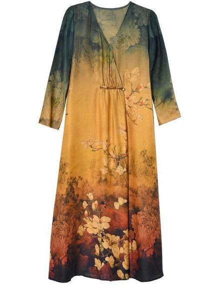 Khaki V Neck Tie Dye Print Silk Maxi Dresses Half Sleeve