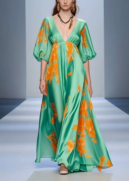 Lake Green V Neck Print Silk Holiday Dress Summer