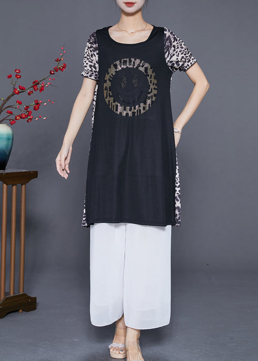 Leopard Patchwork Smiling Face Zircon Chiffon Dress Summer