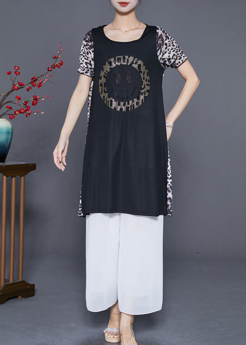 Leopard Patchwork Smiling Face Zircon Chiffon Dress Summer