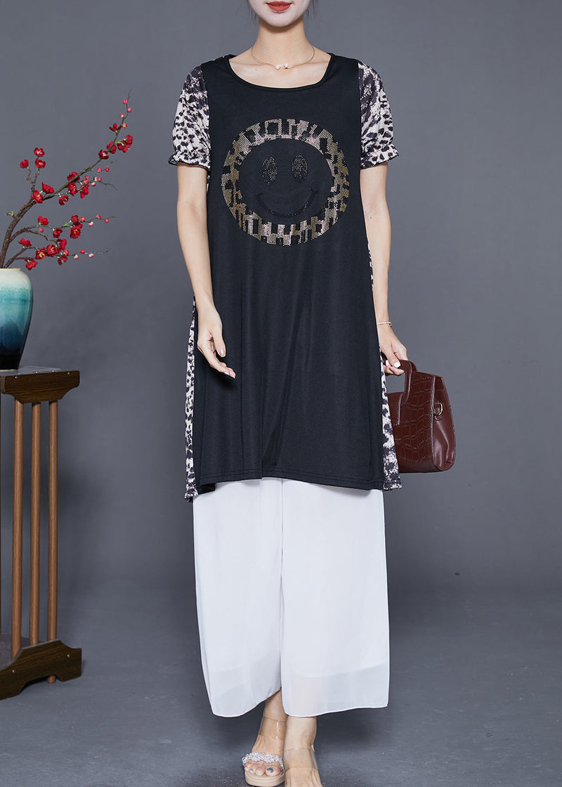 Leopard Patchwork Smiling Face Zircon Chiffon Dress Summer