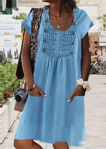 Light Blue O Neck Wrinkled Patchwork Denim Dress Summer