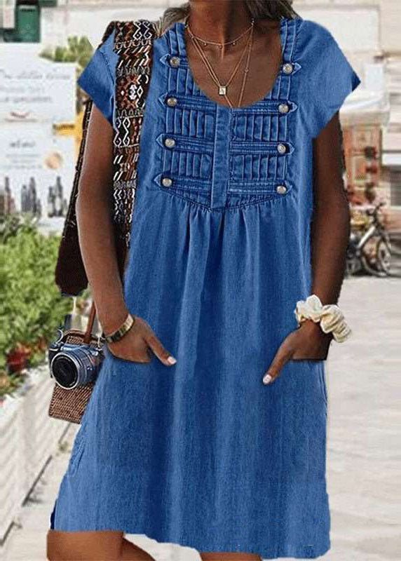Light Blue O Neck Wrinkled Patchwork Denim Dress Summer