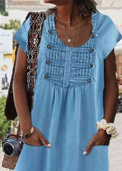 Light Blue O Neck Wrinkled Patchwork Denim Dress Summer
