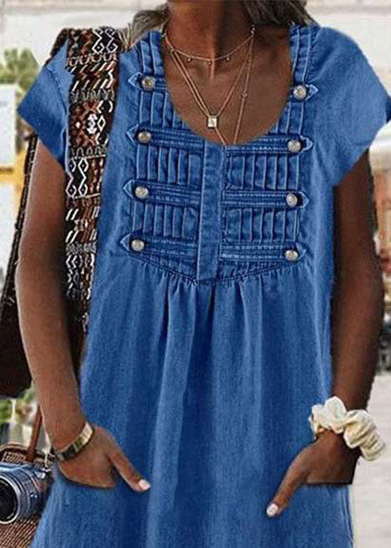 Light Blue O Neck Wrinkled Patchwork Denim Dress Summer