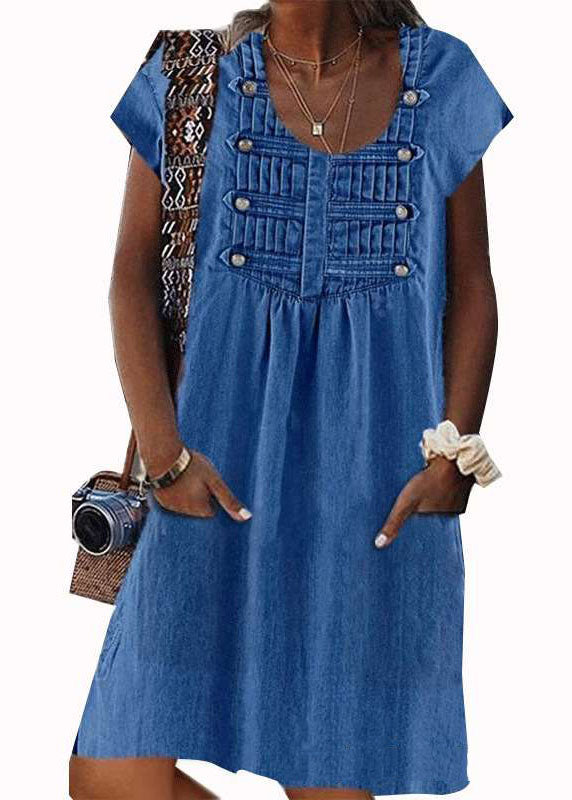 Light Blue O Neck Wrinkled Patchwork Denim Dress Summer