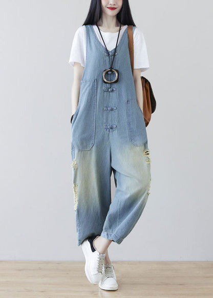 Light Blue Oriental Button Ripped Cotton Denim Jumpsuit Spring