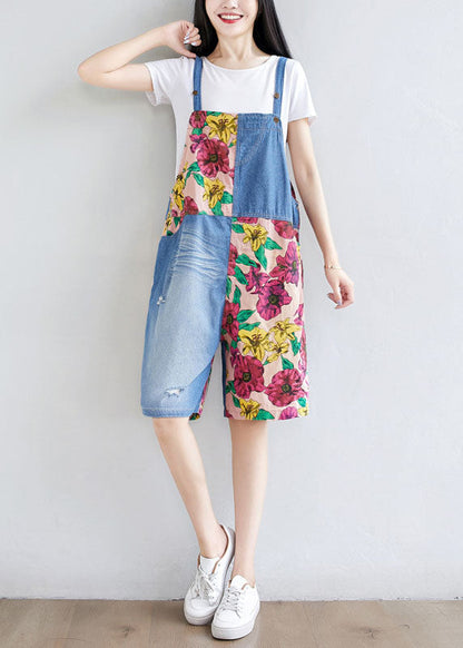 Light Blue Patchwork Print Cotton Overalls Jumpsuit Shorts Summer