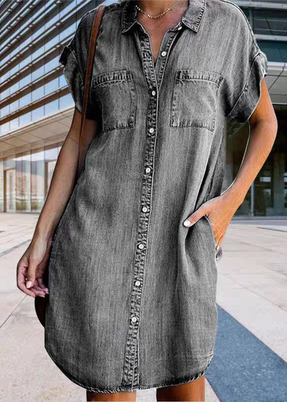 Light Blue Peter Pan Collar Button Denim Mid Shirt Dress Summer