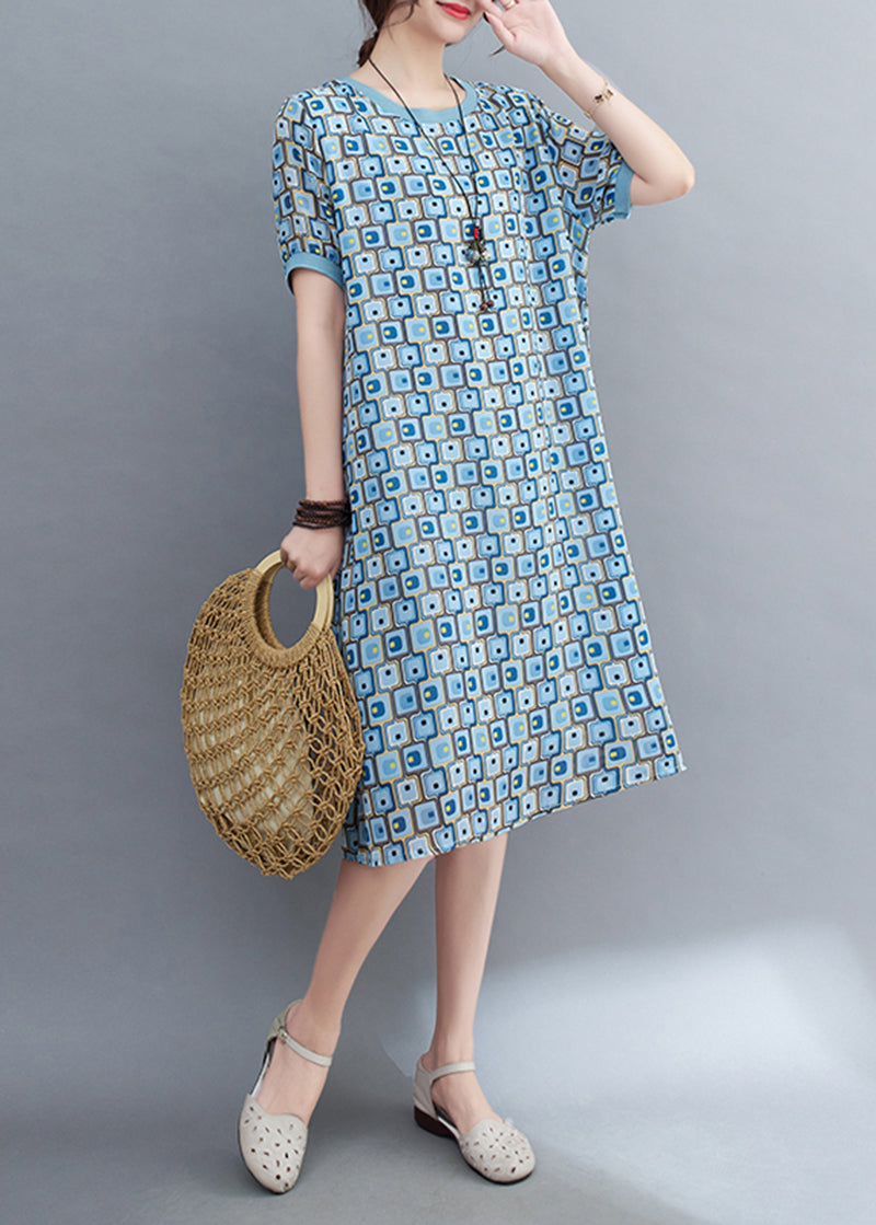 Light Blue Print Draping Chiffon Holiday Dress Summer