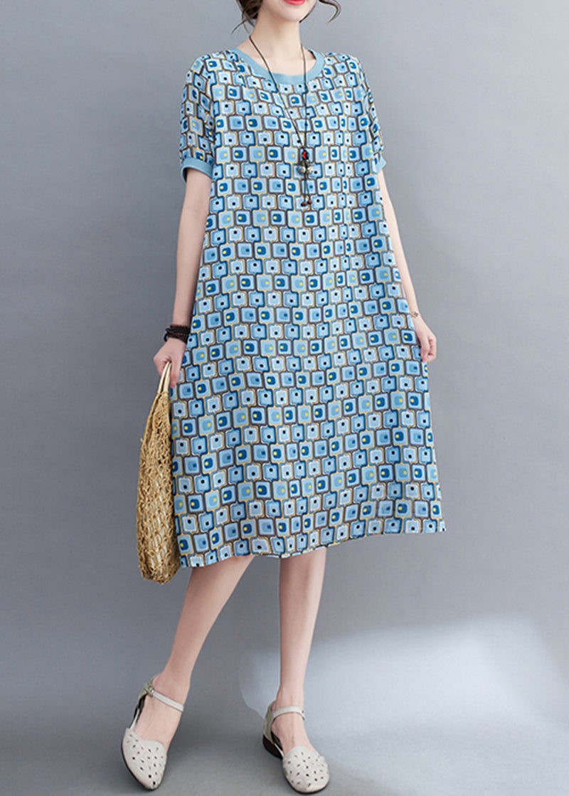 Light Blue Print Draping Chiffon Holiday Dress Summer