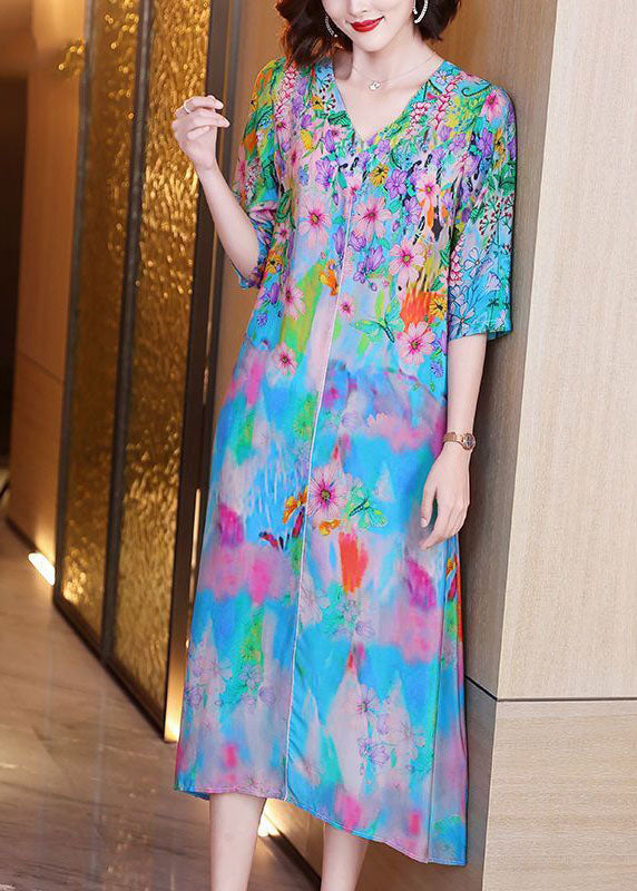 Light Blue V Neck Patchwork Print Silk Maxi Dresses Half Sleeve