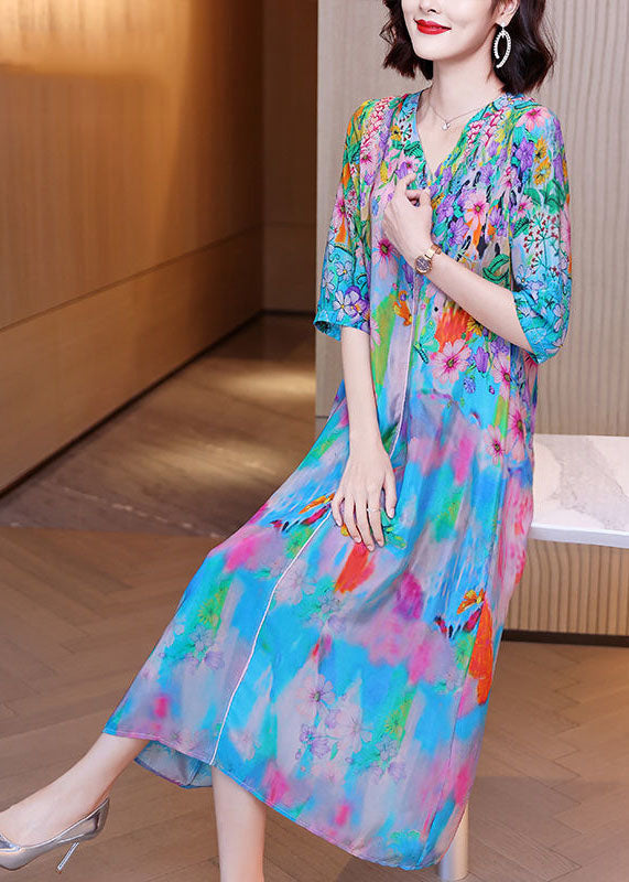 Light Blue V Neck Patchwork Print Silk Maxi Dresses Half Sleeve
