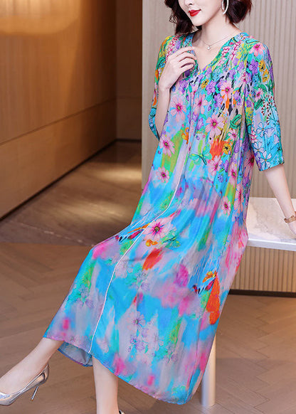 Light Blue V Neck Patchwork Print Silk Maxi Dresses Half Sleeve