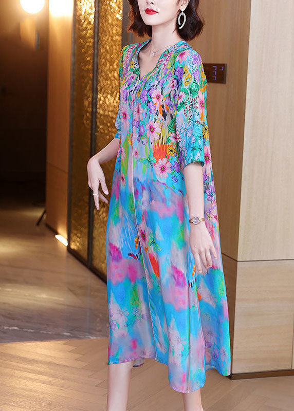 Light Blue V Neck Patchwork Print Silk Maxi Dresses Half Sleeve
