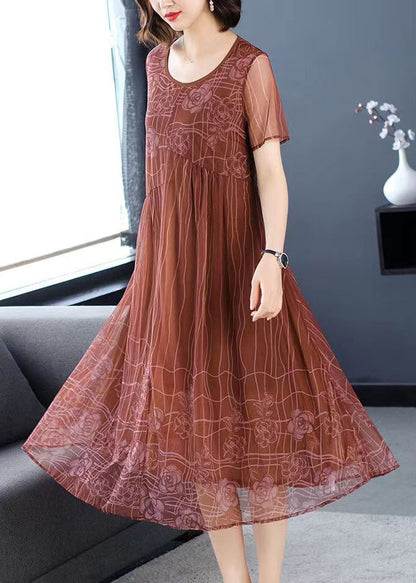 Light Brown O-neck Wrinkled Patchwork Chiffon Dress Half Sleeve