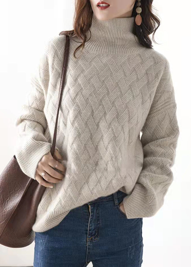 Light Camel Turtleneck Plaid Wool Knit Sweaters Spring