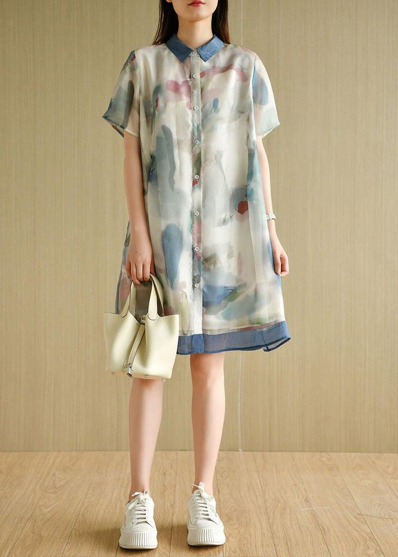 Light Green Button Print Summer Vacation Dress Short Sleeve