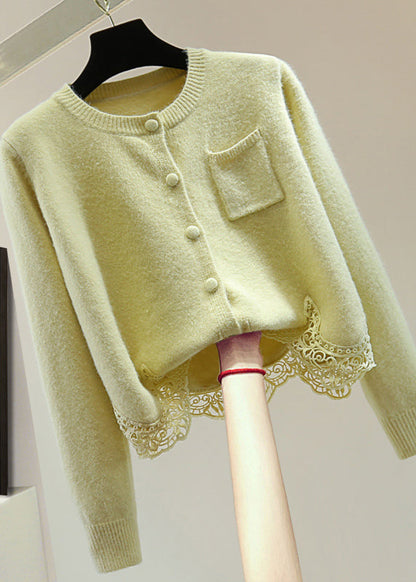 Light Green O-neck Lace Patchwork Cotton Knit Sweaters Winter