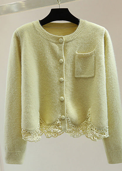 Light Green O-neck Lace Patchwork Cotton Knit Sweaters Winter