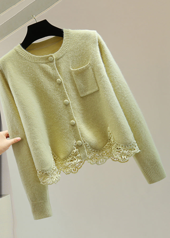 Light Green O-neck Lace Patchwork Cotton Knit Sweaters Winter