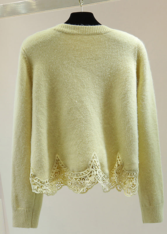 Light Green O-neck Lace Patchwork Cotton Knit Sweaters Winter
