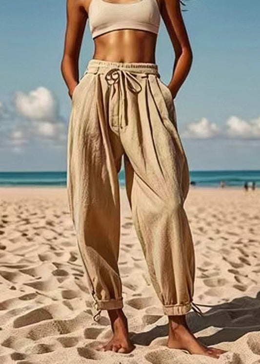 Light Green Pockets Patchwork Elastic Waist Harem Pants Summer