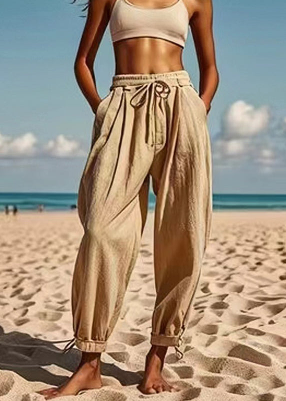 Light Green Pockets Patchwork Elastic Waist Harem Pants Summer