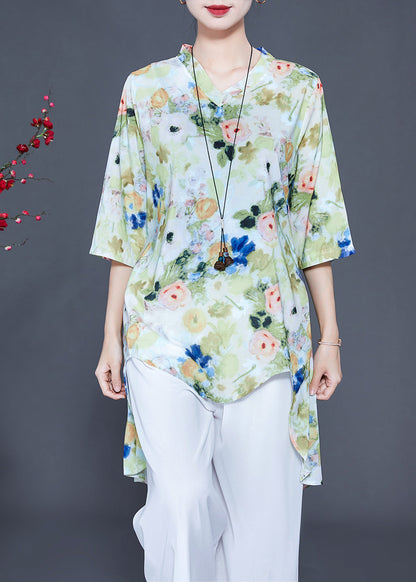 Light Green Print Low High Design Chiffon Two-piece Set Summer