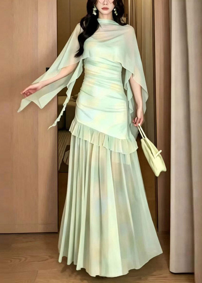 Light Green Print Tulle Maxi Dress and Cape Two Piece Set Summer