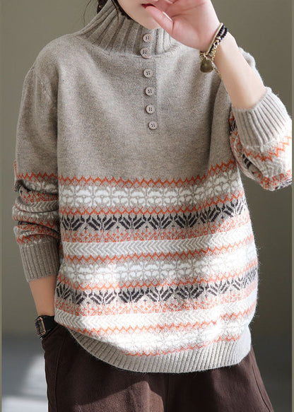 Light Grey Oversized Print Thick Knit Sweater Spring