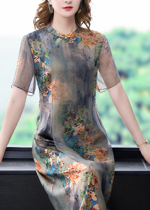 Light Grey Stand Collar Tie Dye Print Slim Fit Silk Dress Summer