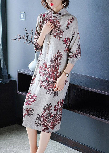 Light Grey Turtle Neck Oversized Print Knit Sweater Dress Winter