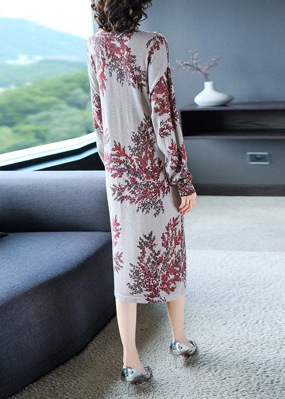 Light Grey Turtle Neck Oversized Print Knit Sweater Dress Winter